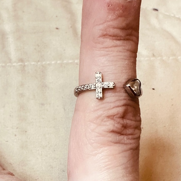 Silver Tone Heart & Cross Ring Open & Adjustable Vintage - Picture 3 of 12